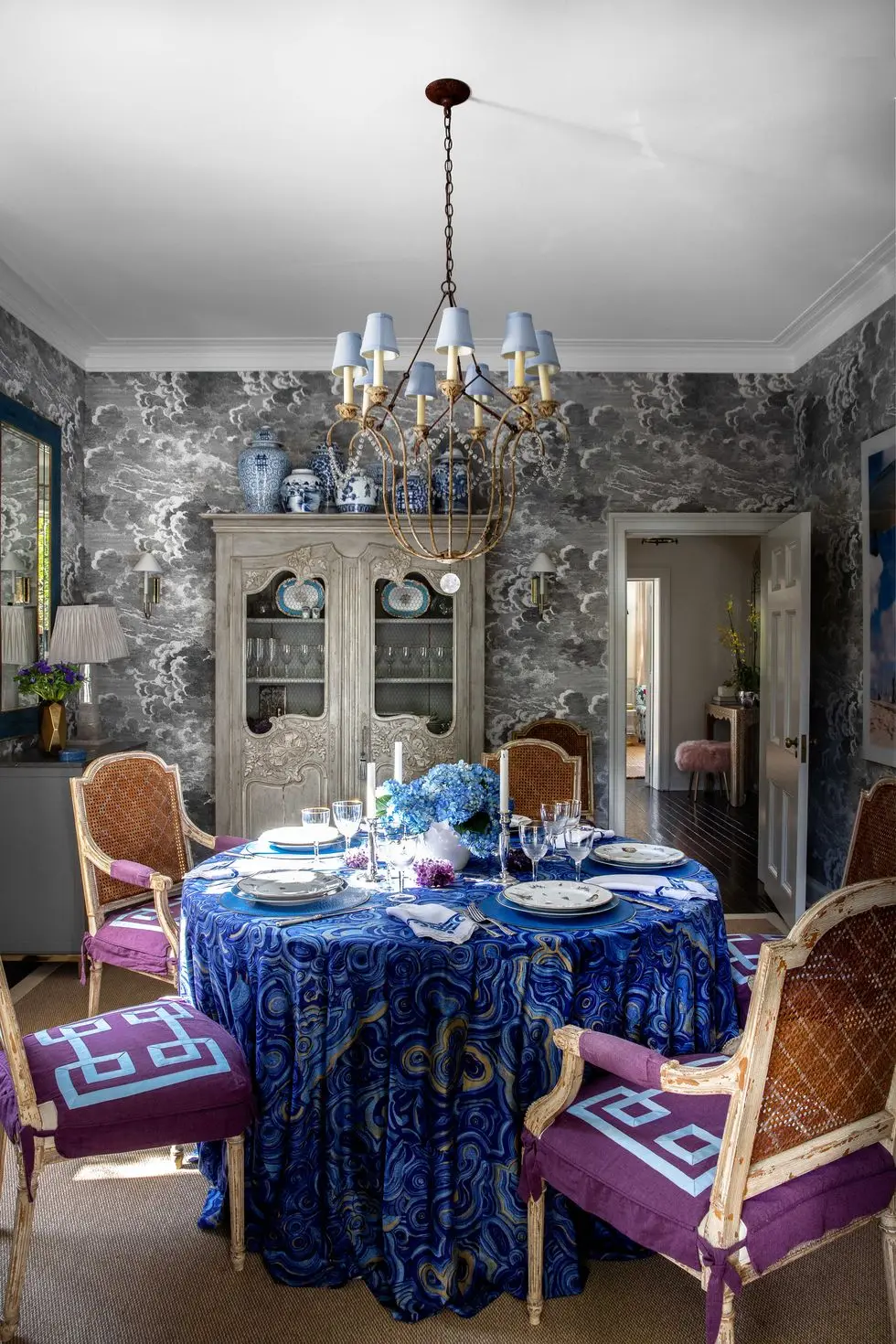 room, blue, furniture, chandelier, interior design, property, ceiling, purple, cobalt blue, wall,