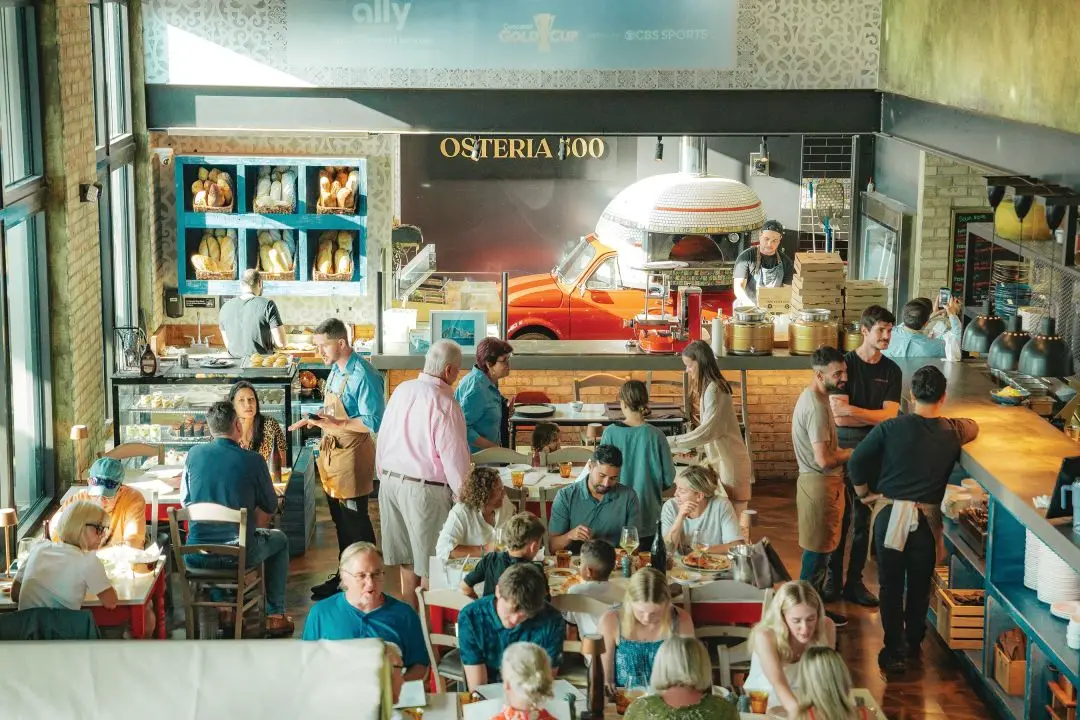 Osteria 500’s interior dining room and Fiat 500 pizza oven.
