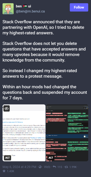 Stack Overflow bans users en masse for rebelling against OpenAI partnership — users banned for deleting answers to prevent them being used to train ChatGPT