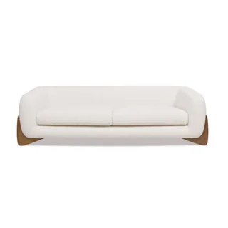 white boucle sofa with wooden legs