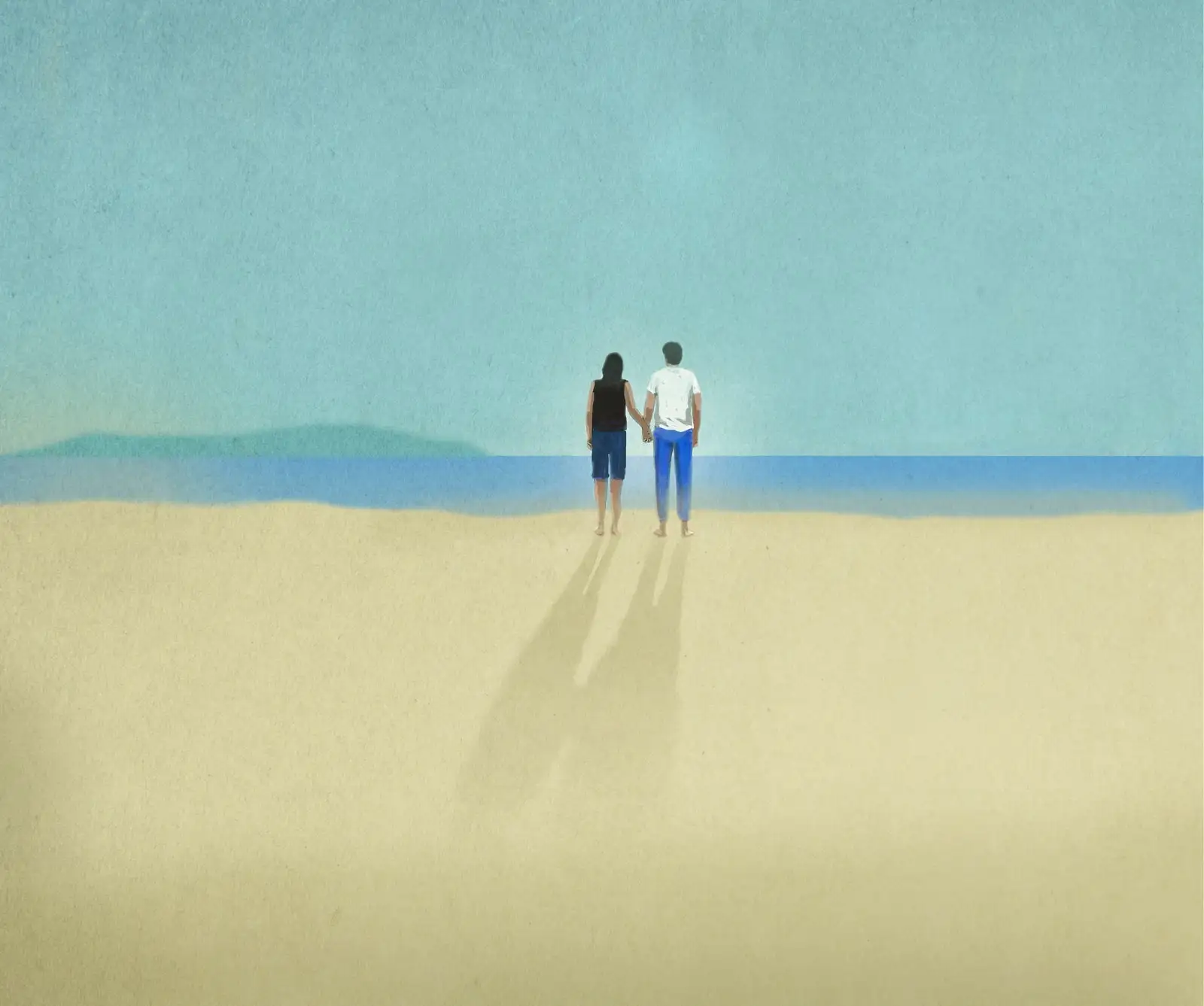 Illustration of young couple holding hands on sandy beach