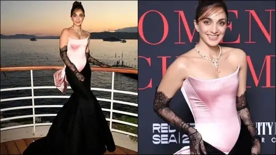 Kiara Advani stuns at Cannes Film Festival in a exquisite black and pink gown.