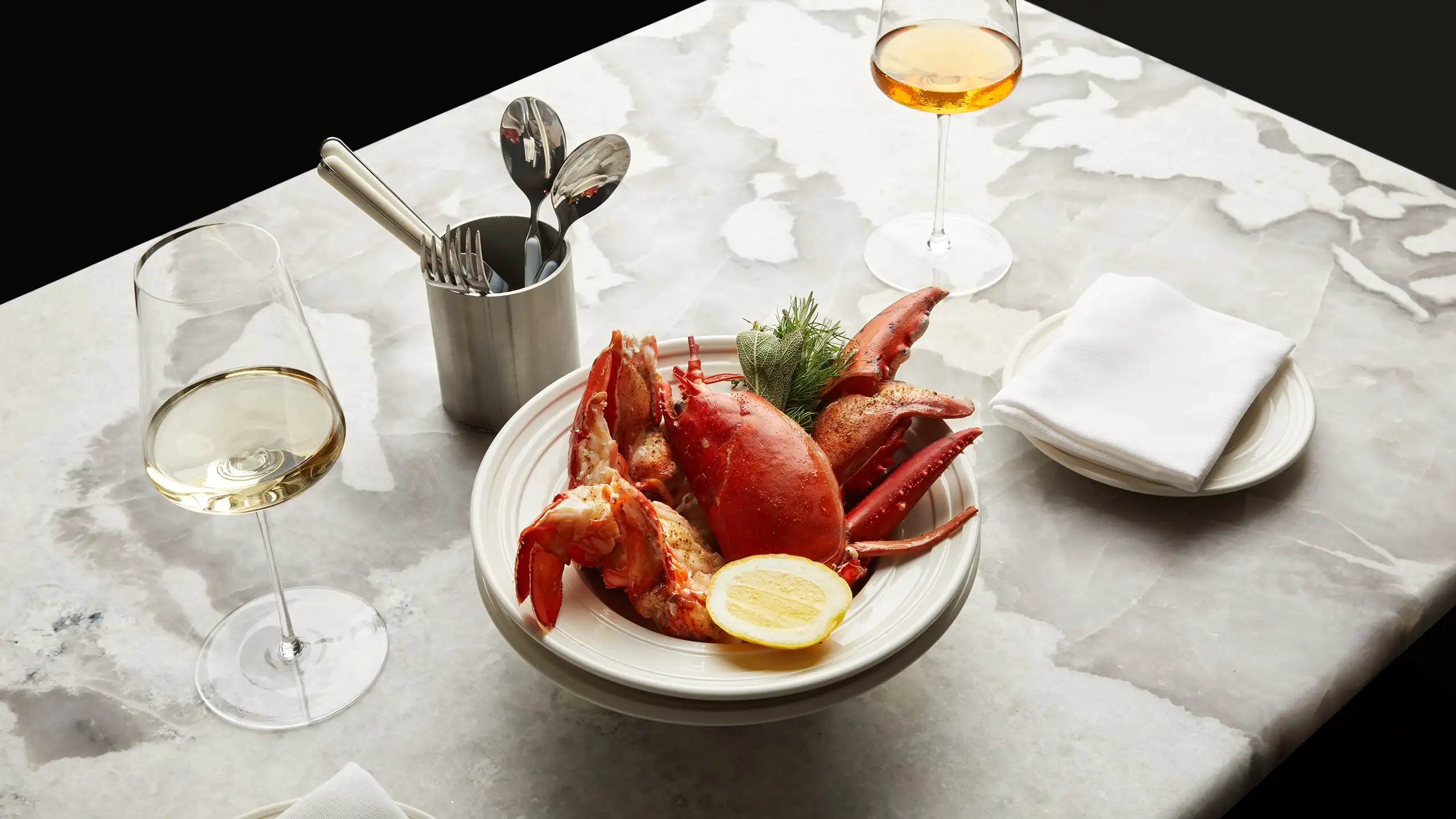 Poached lobster and white wine.