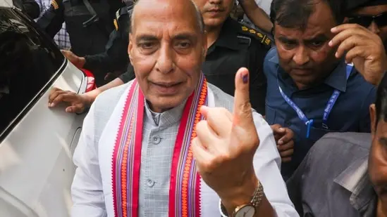 Defence Minister and BJP candidate Rajnath Singh after casting his vote during the fifth phase of Lok Sabha elections, in Lucknow.(PTI)