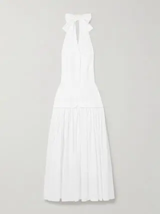 Quinn Tiered Checked Embroidered Cotton Halterneck Maxi Dress