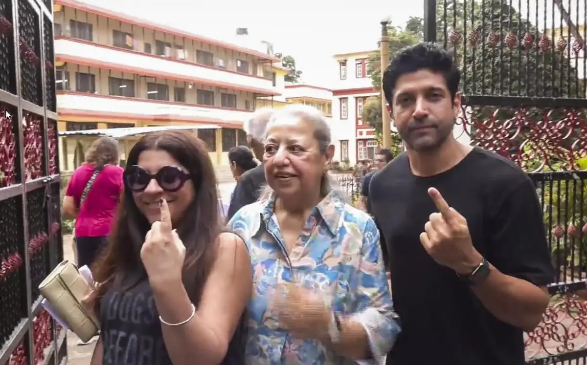 Bollywood actor Farhan Akhtar and film director Zoya Akhtar along with Honey Irani show their inked fingers after casting their votes during the fifth phase of Lok Sabha elections, in Mumbai, Monday, May 20, 2024. Bollywood actor Farhan Akhtar and film director Zoya Akhtar along with Honey Irani show their inked fingers after casting their votes during the fifth phase of Lok Sabha elections, in Mumbai, Monday, May 20, 2024.