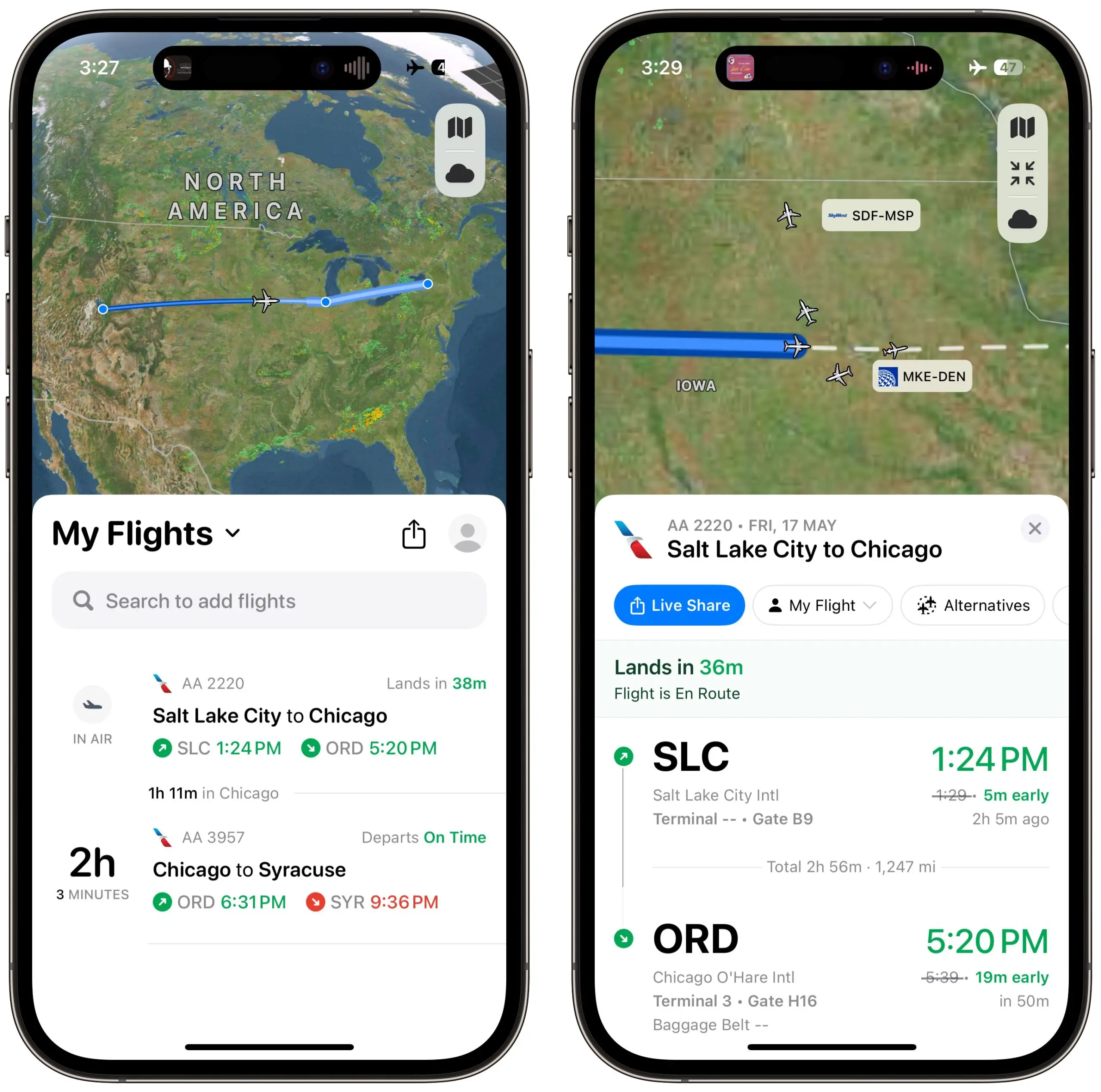 Flighty main screen and flight screen