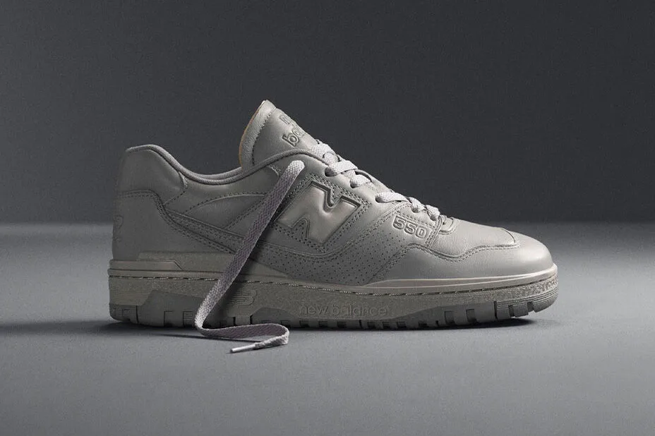 A grey New Balance shoe with a lace