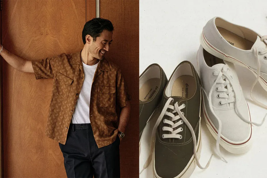 Hitoshi Tamura standing next to a pair of shoes