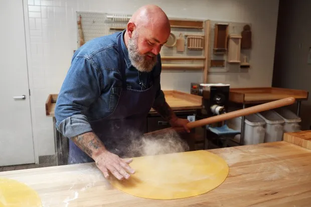 Chef Evan Funke works in the pasta lab at his restaurant Tre Dita, 401 E. Wacker Drive in Chicago, on May 17, 2024. (Terrence Antonio James/Chicago Tribune)