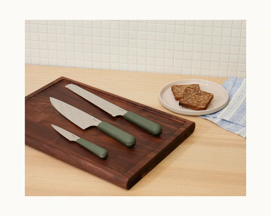 These Our Place knives are really well made. This trio comes w/ a chef's knife, serrated knife & a paring knife.