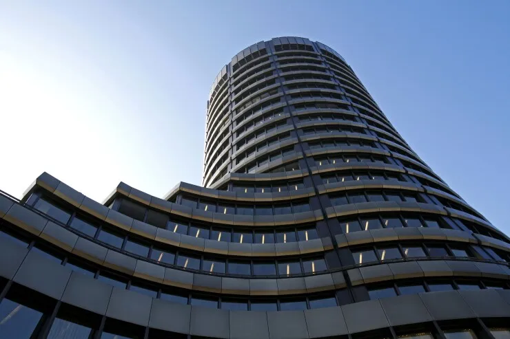 The exterior of the Bank for International Settlements (BIS) is seen in Basel, Switzerland.