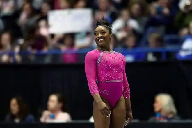 Simone Biles looks on during the 2024 Core Hydration Classic at XL Center on May 18, 2024 in Hartford, Connecticut.