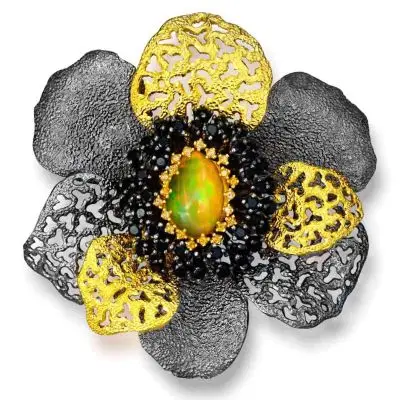 Silver Coronaria Brooch Pendant with Opal & Spinel