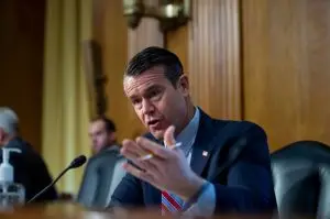 U.S. Sen. Todd Young (R-IN) questions Chris Magnus as he appears before a United States Senate Committee on Finance hearing to consider his nomination to be Commissioner of U.S. Customs and Border Protection on October 19, 2021 in Washington, DC. The hearing for Magnus’s confirmation comes after it was delayed for several months by Chairman Sen. Ron Wyden (D-OR), who called on the Department of Homeland Security to release documents related to the involvement of DHS in the street protests in Portland, Oregon. (Photo by Rod Lamkey-Pool/Getty Images)