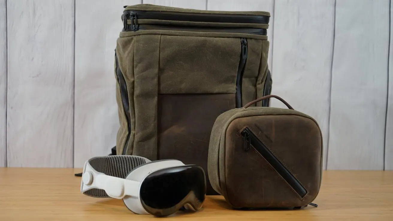 Apple Vision Pro next to the Shield Case and Air Porter Backpack