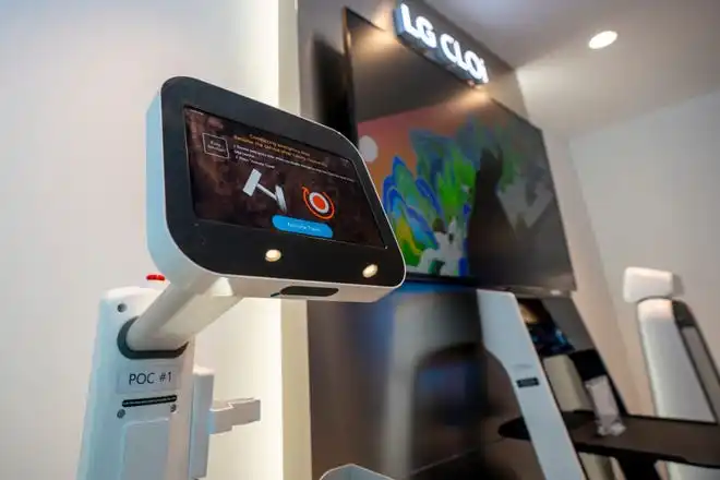 May 21, 2024; Englewood Cliffs, New Jersey, USA; CLOi autonomous CarryBot, ServeBot and GuideBot are shown in LG's new innovation center on Tuesday.