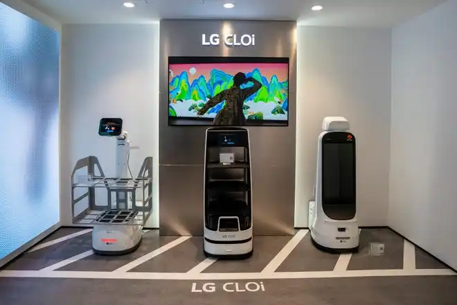 May 21, 2024; Englewood Cliffs, New Jersey, USA; CLOi autonomous mobile robots (from left) CarryBot, ServeBot GuideBot are shown in LG's new innovation center on Tuesday.