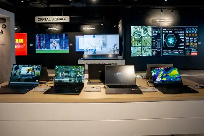 May 21, 2024; Englewood Cliffs, New Jersey, USA; A variety of laptops and digital signage are shown at LG's new innovation center on Tuesday.