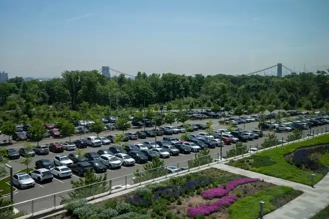 May 21, 2024; Englewood Cliffs, New Jersey, USA; A view of the George Washington Bridge and the New York City skyline can be seen from LG's Englewood Cliffs campus, which houses the new innovation center, as seen on Tuesday.