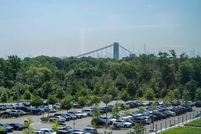 May 21, 2024; Englewood Cliffs, New Jersey, USA; A view of the George Washington Bridge and the New York City skyline can be seen from LG's Englewood Cliffs campus, which houses the new innovation center, as seen on Tuesday.