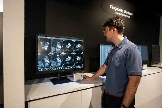 May 21, 2024; Englewood Cliffs, New Jersey, USA; Tom Terzulli looks at a diagnostic monitor at LG's new innovation center on Tuesday.