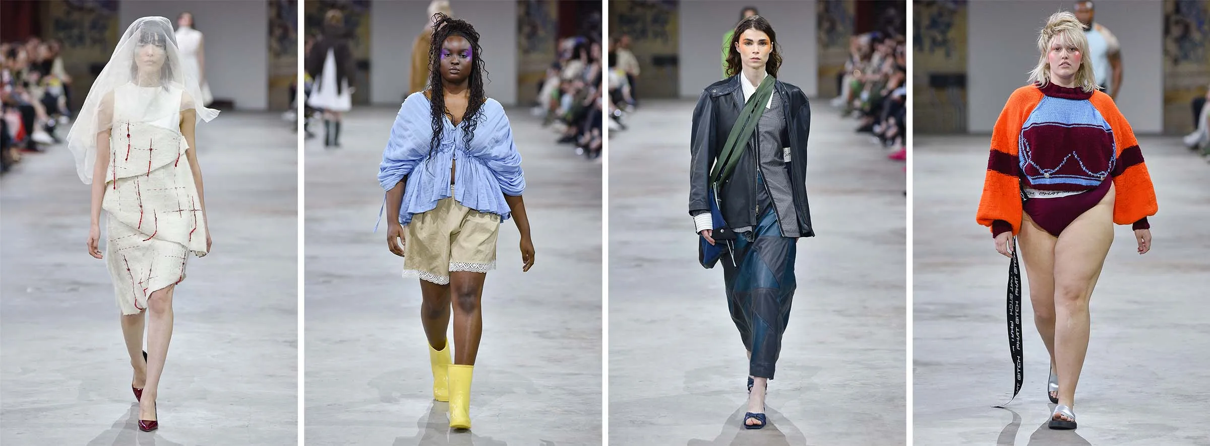 Collage of four runway looks by Jeff Guangxhou Cai, Lu Luyao Tang, Scott Junjie Wang, and Zoe Knaack.