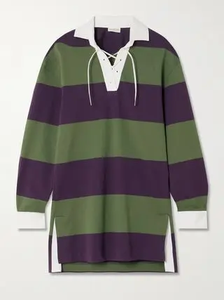 Oversized Tie-Detailed Striped Cotton-Blend Jersey Polo Shirt