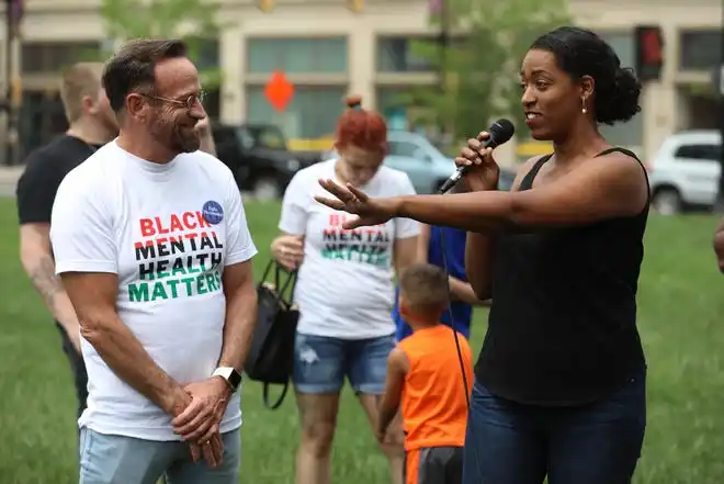Assemblyman Harry B. Bronson and Senator Samra Brouk talk about Daniel's Law the bill they co-sponsored at the Black Mental Health Matters event at Parcel 5 in Rochester.  If passed it would have mental health workers respond to a mental health 911 call instead of police.