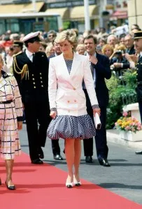 CANNES, FRANCE - MAY 15:  Princess Diana Arriving At The Cannes Film Festival In France Wearing A Puff-ball Skirt.  (Photo by Tim Graham Photo Library via Getty Images)