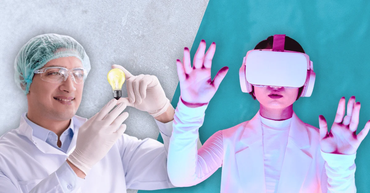 A man dressed for a laboratory holds and examines a lightbulb, and a woman with a VR headset over her face holds up her arms.