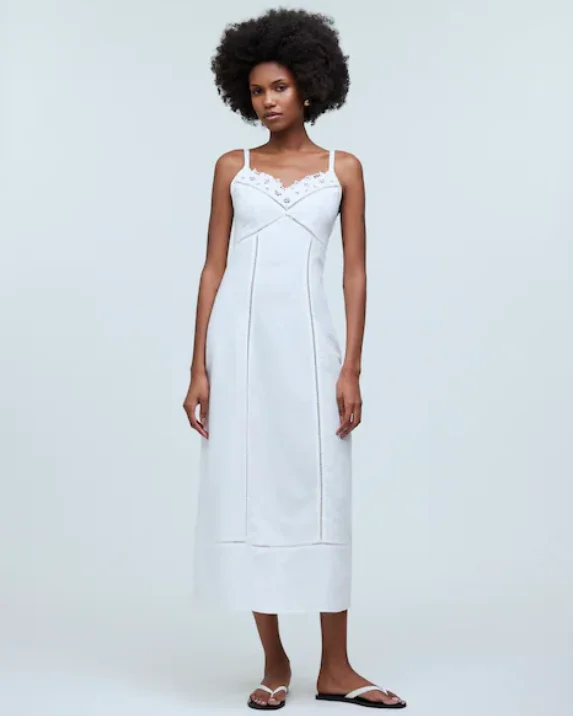 Linen-Cotton Blend Sweetheart Midi Dress