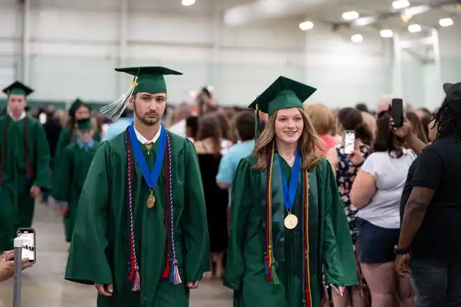 York County School of Technology seniors enter their commencement ceremony at UPMC Arena on Thursday, May 23, 2024.