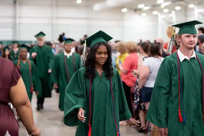 York County School of Technology seniors enter their commencement ceremony at UPMC Arena on Thursday, May 23, 2024.