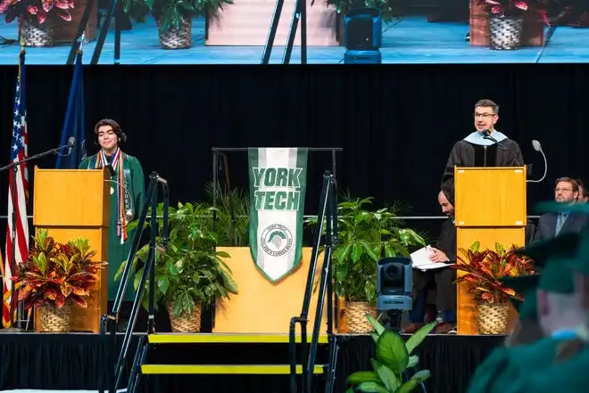 York County School of Technology’s senior class President and Valedictorian, Jonathan Hernández, delivers a powerful speech about family, life, and happiness to his class during the commencement ceremony at UPMC Arena on Thursday, May 23, 2024.