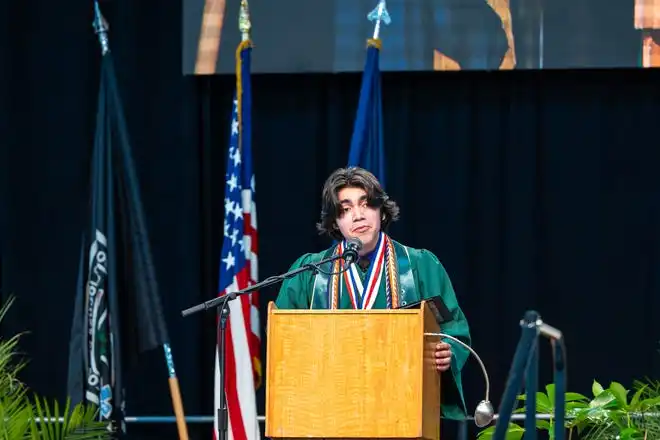 York County School of Technology’s senior class President and Valedictorian, Jonathan Hernández, delivers a powerful speech about family, life, and happiness to his class during the commencement ceremony at UPMC Arena on Thursday, May 23, 2024.