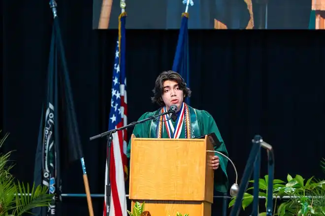 York County School of Technology’s senior class President and Valedictorian, Jonathan Hernández, delivers a powerful speech about family, life, and happiness to his class during the commencement ceremony at UPMC Arena on Thursday, May 23, 2024.