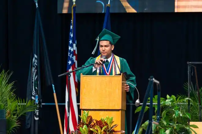 York County School of Technology’s Salutatorian, Ismael Peralta Anziani, delivers a speech in both Spanish and English to their class during the commencement ceremony at UPMC Arena on Thursday, May 23, 2024.