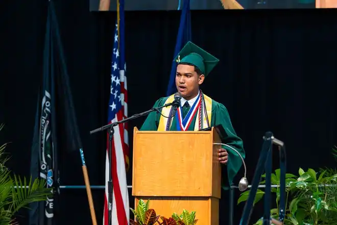 York County School of Technology’s Salutatorian, Ismael Peralta Anziani, delivers a speech in both Spanish and English to their class during the commencement ceremony at UPMC Arena on Thursday, May 23, 2024.