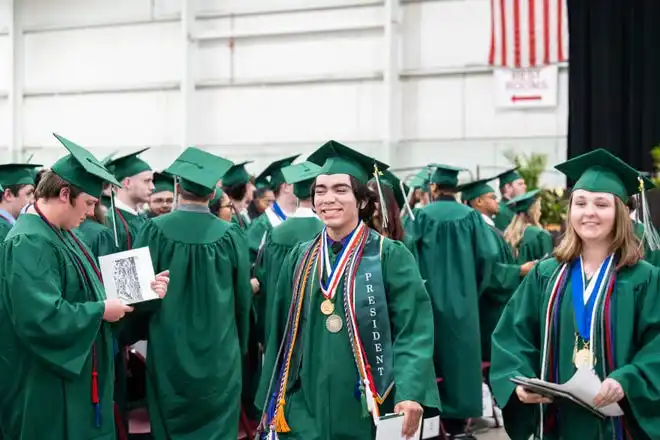 York County School of Technology seniors exit their commencement ceremony at UPMC Arena on Thursday, May 23, 2024.