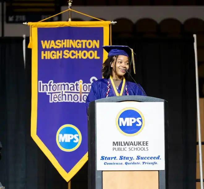 Washington High School of Information Technology valedictorian Jessica Brown delivers the student address to the class of 2024 during the graduation ceremony on Thursday May 23, 2024 at the UWM Panther Arena in Milwaukee, Wis.