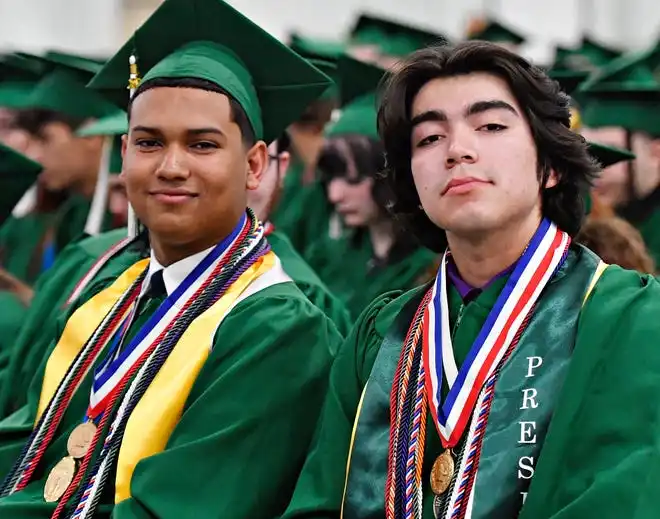 Class of 2024 Salutatorian Ismael Peralta Anziani, left, and Valedictorian Jonathan Hernández pose for a photo ahead of the York County School of Technology Graduation Ceremony at York Expo Center in West Manchester Township, Thursday, May 23, 2024. (Dawn J. Sagert/The York Dispatch)