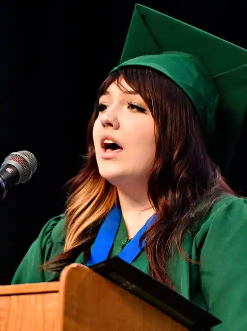 The National Anthem is performed by graduates Clara Kisielnicki and Cole Saylor (on base, not shown) during the York County School of Technology Graduation Ceremony at York Expo Center in West Manchester Township, Thursday, May 23, 2024. (Dawn J. Sagert/The York Dispatch)