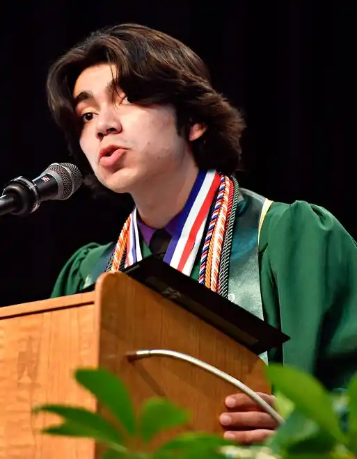 President of the Class of 2024 and Valedictorian Jonathan Hernández speaks during the York County School of Technology Graduation Ceremony at York Expo Center in West Manchester Township, Thursday, May 23, 2024. (Dawn J. Sagert/The York Dispatch)