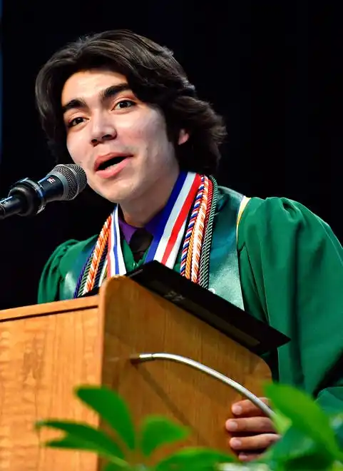 President of the Class of 2024 and Valedictorian Jonathan Hernández speaks during the York County School of Technology Graduation Ceremony at York Expo Center in West Manchester Township, Thursday, May 23, 2024. (Dawn J. Sagert/The York Dispatch)