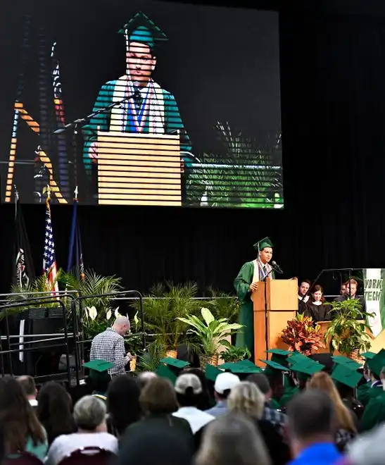 Salutatorian Ismael Peralta Anziani speaks during the York County School of Technology Graduation Ceremony at York Expo Center in West Manchester Township, Thursday, May 23, 2024. (Dawn J. Sagert/The York Dispatch)