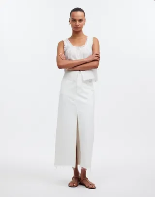 The Rilee Denim Midi Skirt in Tile White