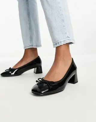 Asos Design Steffie Bow Detail Mid Block Heeled Shoes in Black