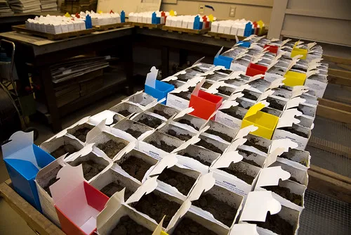Boxes of soil to be tested at the Marianna Soil Test Lab