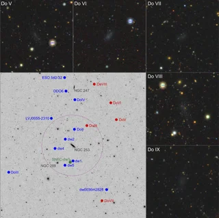 A diagram on the left shows where the satellite galaxies around the Sculptor galaxy are located. On the right are space images of two galaxies discovered by the team.